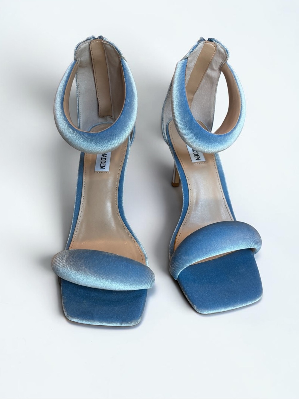Steve Madden Powder Blue Velvet Ankle-Strap Stiletto Sandals - Picture 2 of 14